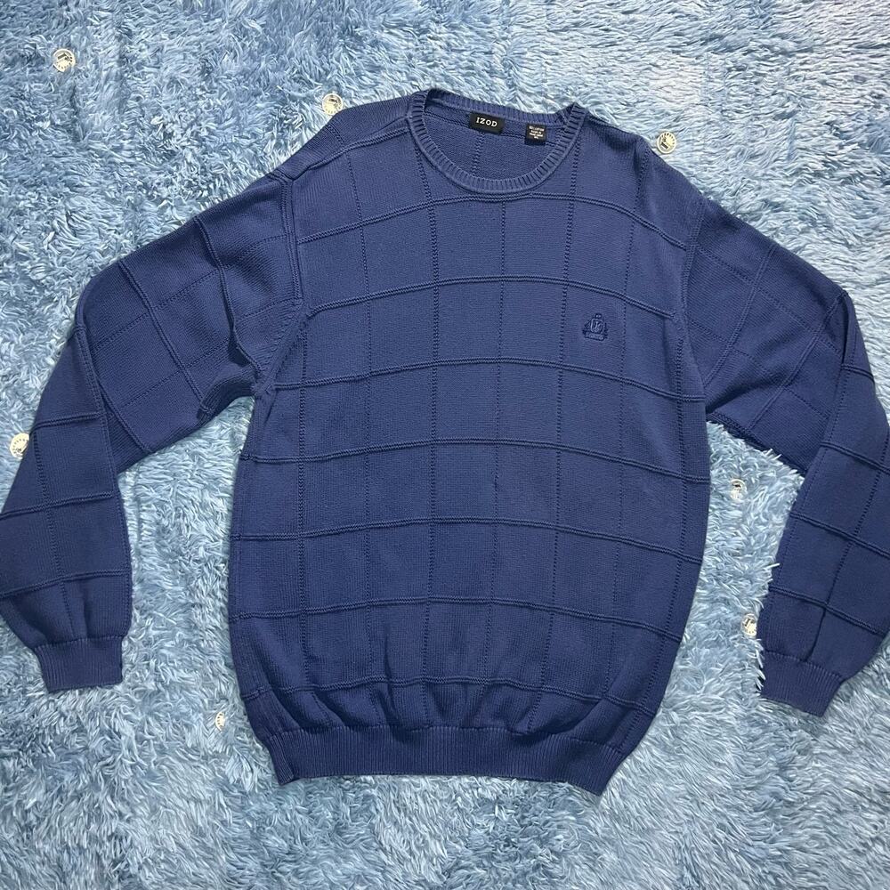 VINTAGE Izod Square Striped Logo Crewneck Sweater Size XL Mens Blue Cotton 90s